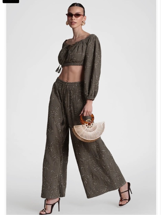 Avec Les Filles Pants - Avec Les Filles Olive Green Printed extreme Wide-Leg Palazzo Pants embroidered s